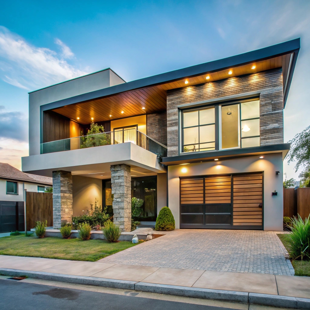 Modern,Two,Story,House,With,Balcony,And,Gated,Driveway